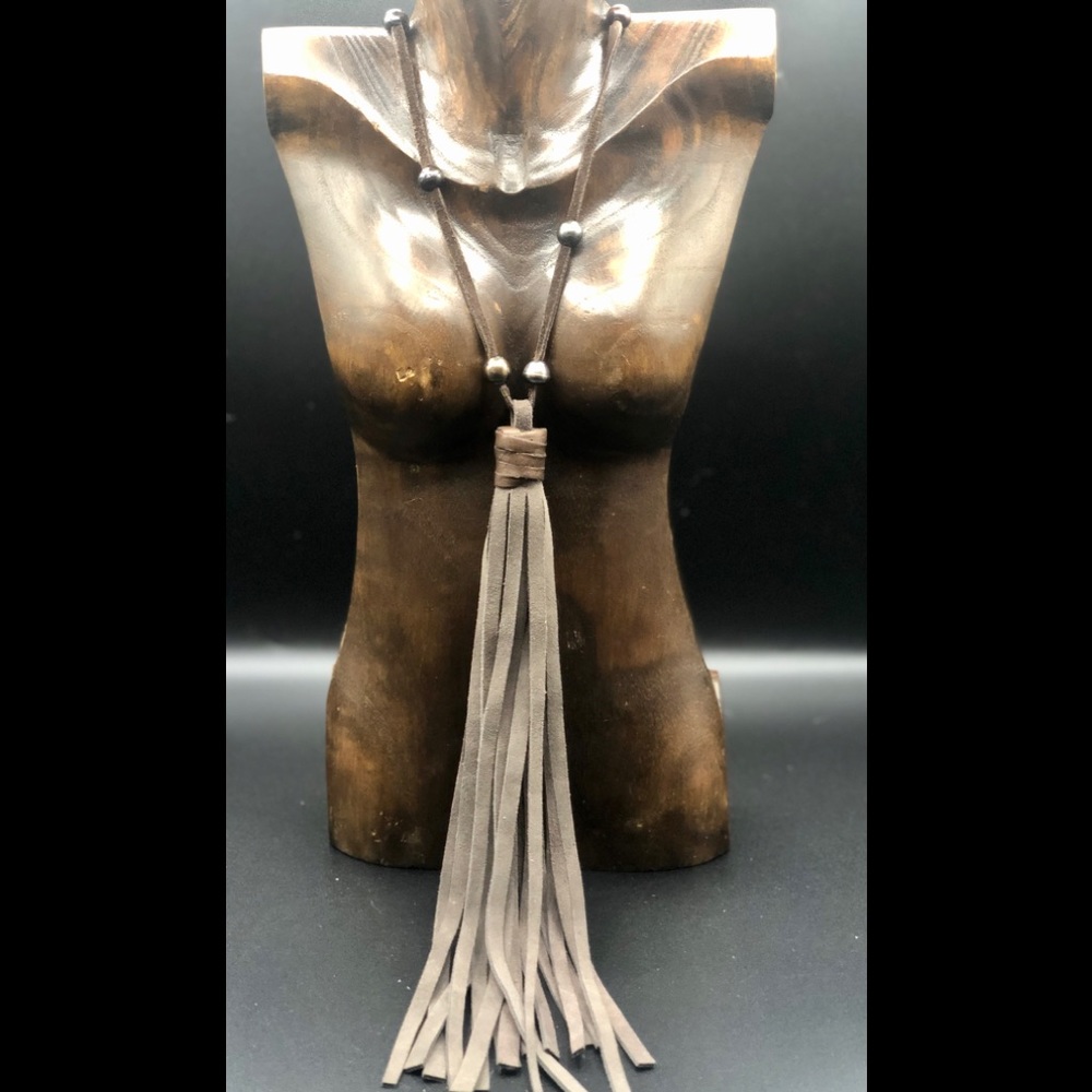 Handmade Leather Gray Pearl long tassel necklace
